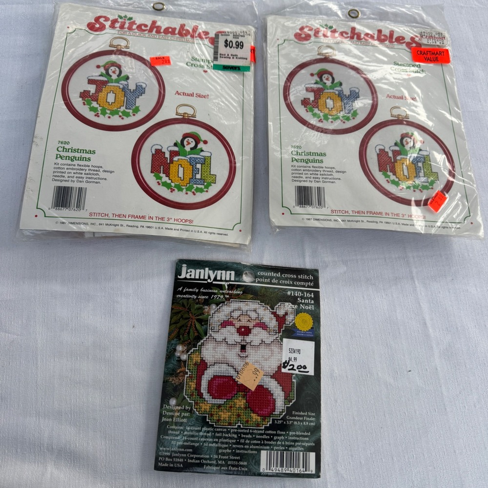 NEW Vintage 80s Dimensions Janlynn Christmas Cross Stitch Kits LOT Santa Penguin